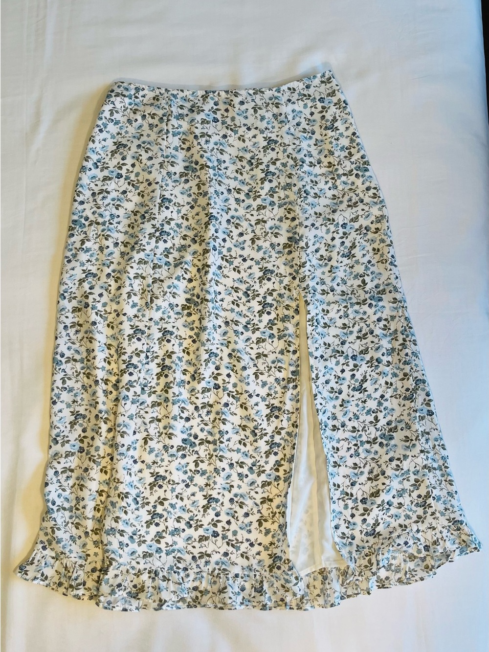 Abercrombie & Fitch Floral Ruffle Midi Skirt in White and Blue